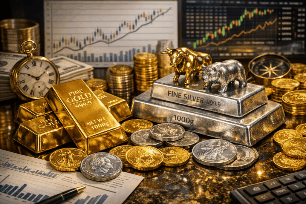Das KI-generierte-Bild zeigt Gold- und Silberbarren und entsprechende Münzen. Im Hintergrund sieht man zwei Charts mit einer positiven Wertentwicklung.