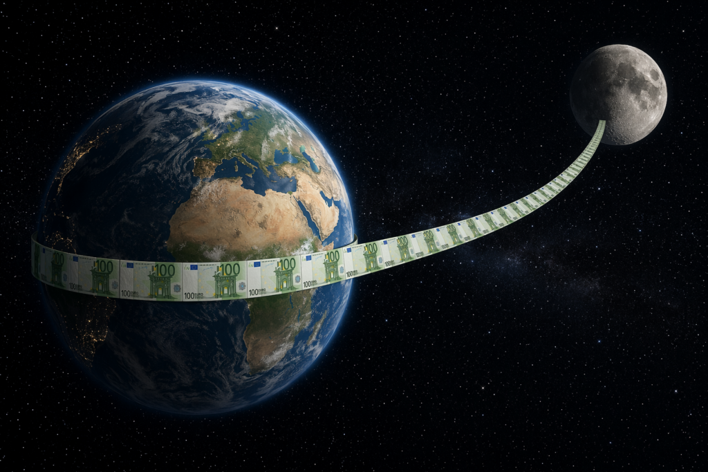 Dieses KI-generierte Bild zeigt 100-Euro-Scheine, die sich aneinandergelegt um den Äquator der Erde wickeln und dann bis zum Mond reichen.