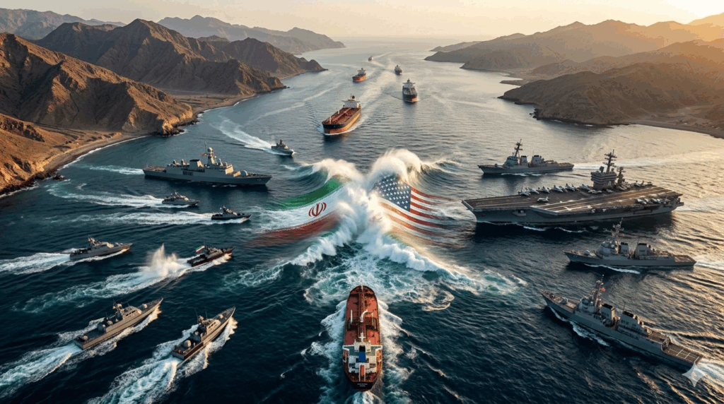 Von einer KI erstelltes Bild, das den Konflikt zwischen den USA und dem Iran darstellen soll. Es sind die Flaggen von Iran und USA zu sehen. Kriegs- und Handelsschiffe stehen sich in einer Meerenge gegenüber.