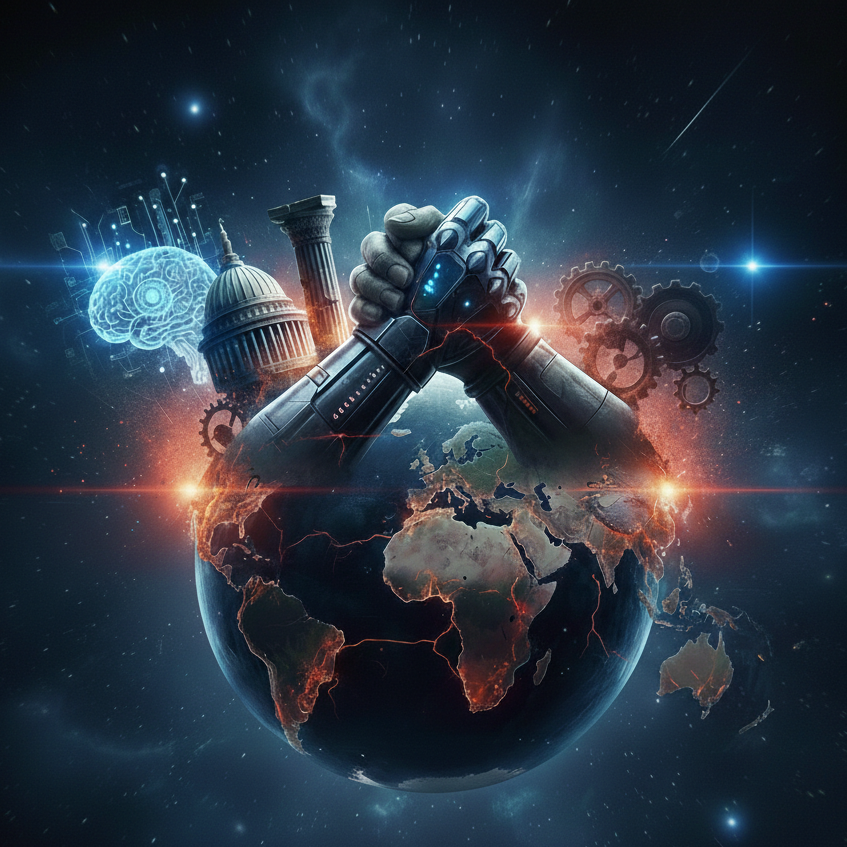 Das Bild zeigt sinnbildlich das Armdrücken zwischen den USA und dem Rest der Welt.