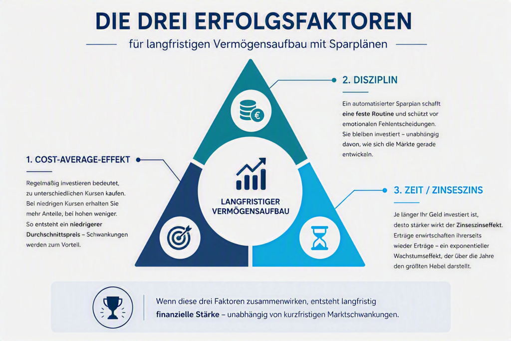Das Bild zeigt eine Grafik die die drei im Text genannten Erfolgsfaktoren noch einmal herausstellt. 1. den Cost-Average-Effekt, 2. die Disziplin und 3. die Zeit bzw. den Zinseszins. Als Fazit innerhalb der Grafik steht: "Wenn diese drei Faktoren zusammenwirken, entsteht langfristig finanzielle Stärke - unabhängig von kurzfristigen Marktschwankungen."
